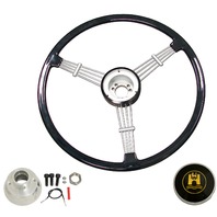 "Banjo" Style, Black Vintage Steering Wheel Kit w/ Boss 3-Bolt 24 Spline Mount Kit, Fits Type 1 & Ghia 49-59 "Banjo" Style, Black Vintage Steering Wheel Kit w/ Boss 3-Bolt 24 Spline Mount Kit, Fits Type 1 & Ghia 49-59