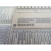 1987-1988 Porsche 928 S4 OEM Relay Fuse Box Panel Chart Guide Cards