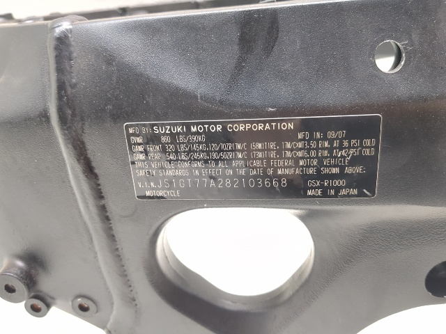 07 08 Suzuki GSXR 1000 Main Frame Chassis STRAIGHT SLVG