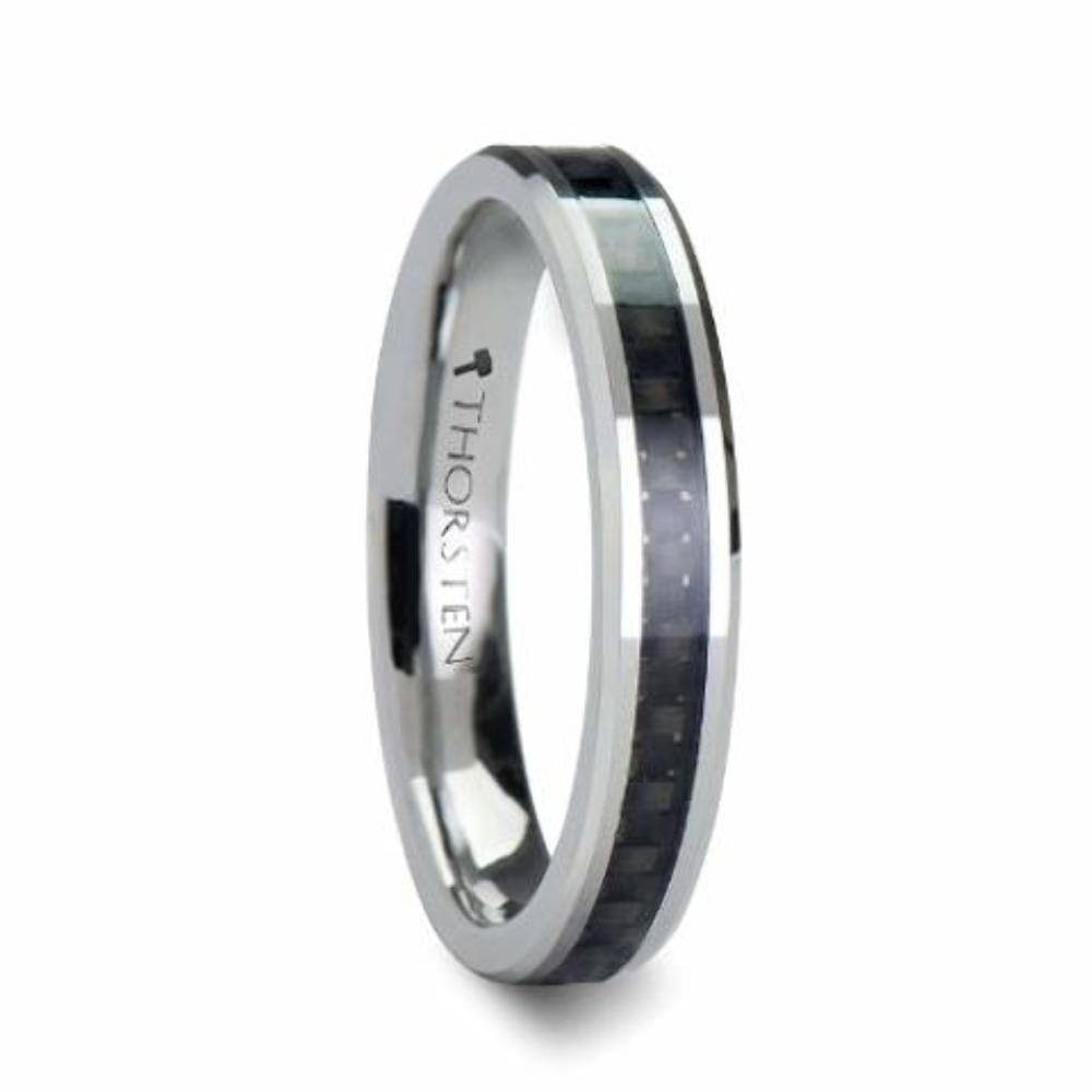 Thorsten Maximus Tungsten Carbide Wedding Band Ring with High Tech Black Carbon Fiber Inlay Polished Edges 8mm Width from Roy Rose Jewelry
