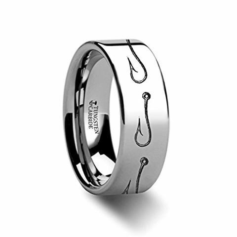 Thorsten Multiple Fishing Hook Pattern Ring Flat Black Tungsten Ring 12mm Wide Wedding Band from Roy Rose Jewelry