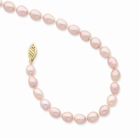 14k Yellow Gold 6-7mm Pink Near Round Freshwater Cultured Pearl Necklace