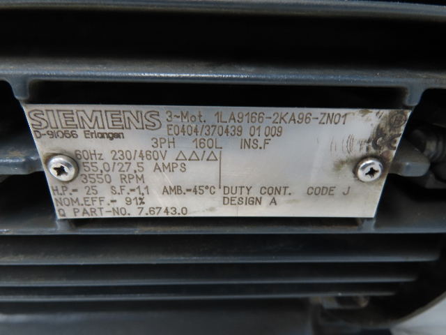 Siemens 1LA9166-2KA96-ZN01 Kaeser Compressor Motor 25Hp 3550