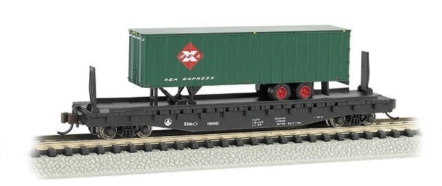 B&O with REA TRAILER Bachmann 526 Flat Car with 35 Ribbed Piggyback Trailer N Scale Bachmann Industries Inc 16752 B&O with REA TRAILER Bachmann 526 Flat Car with 35 Ribbed Piggyback Trailer N Scale Bachmann Industries Inc 16752