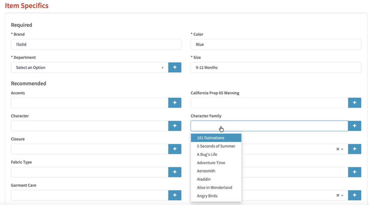 eBay item specifics editor